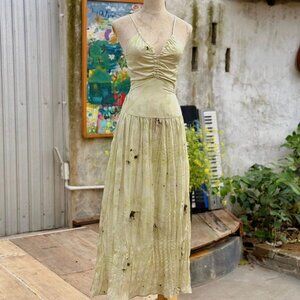 Sage Green Tie Dye Ruched V-Neck Spaghetti Strap Flowy Maxi Dress